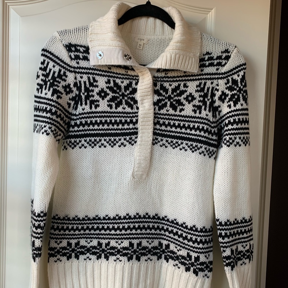 J Crew cream/blue snow flake shawl collar sweater